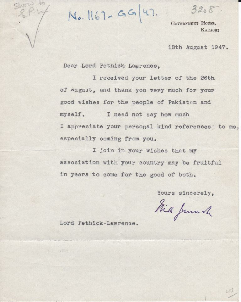 Letter of Quaid-e-Azam Muhammad Ali Jinnah.